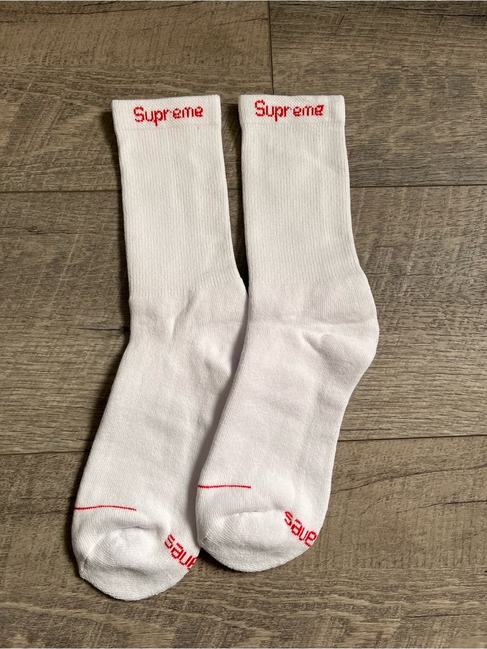 Supreme White Crew Socks with Red Logo